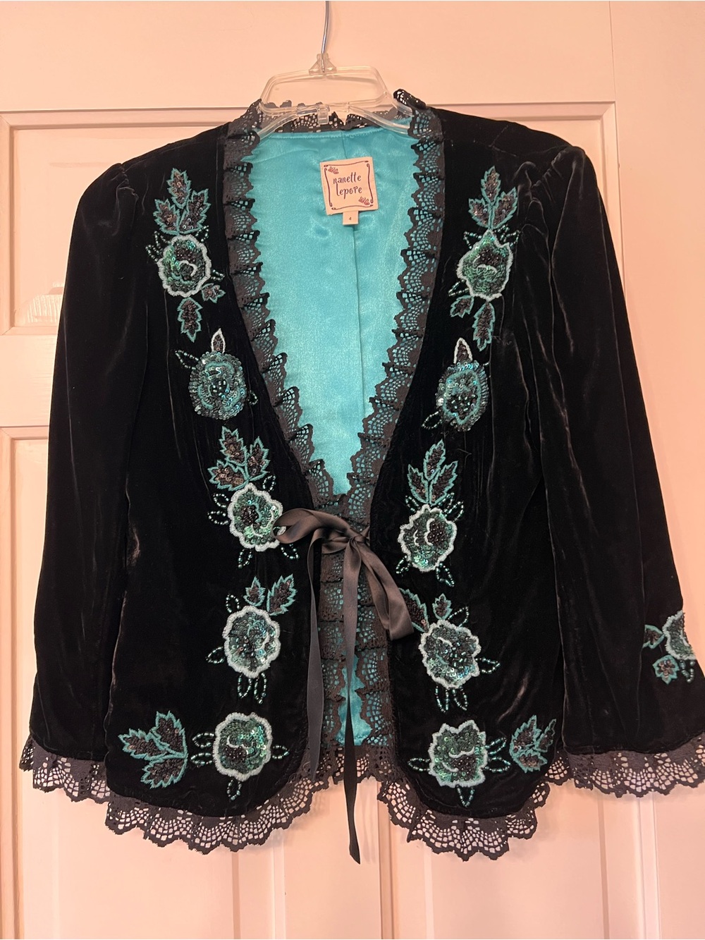 Nanette Lepore Black Velvet Embroidered Jacket - Teal Floral